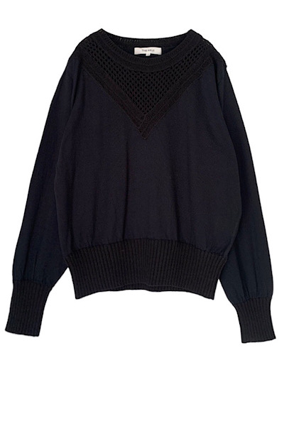 V-NECK MESH KNIT SWEATER [BLACK]