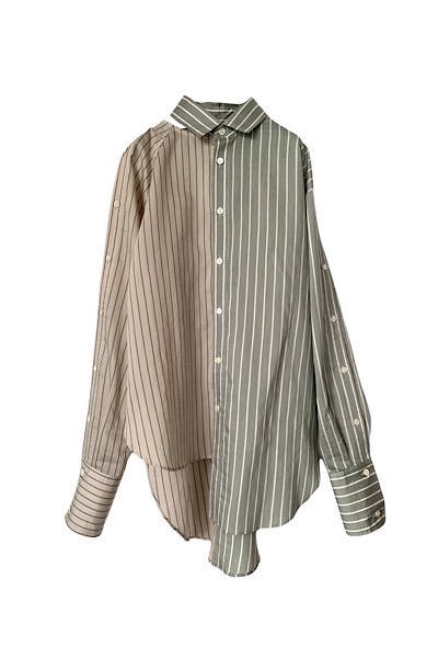 MIXED STRIPE ASYMMETRIC SHIRT[KHAKI GREENMULTI]