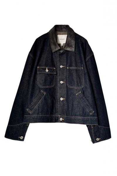 FAUX LEATHER COLLAR DENIM JK [DARK INDIGO��BLACK]