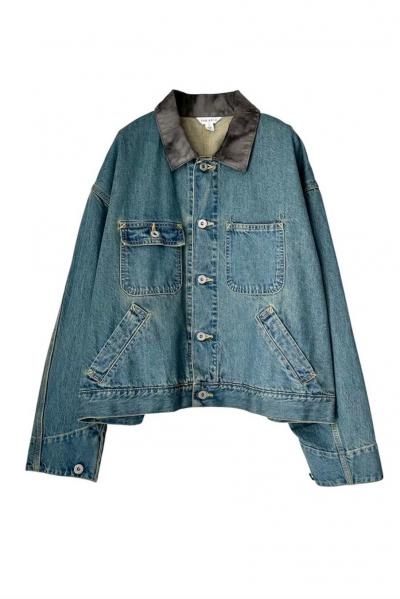 FAUX LEATHER COLLAR DENIM JK [LIGHT INDIGO��GREY]