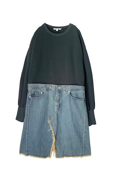 SWEAT SHIRT PANEL DENIM DRESS [GREENINDIGO]