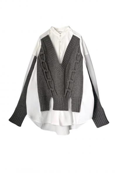 KNITTED CHAIN HYBRID SHIRT [WHITE SHIRT & GREY]