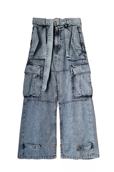 BELTED ACID WASH CARGO JEANS [INDIGO]