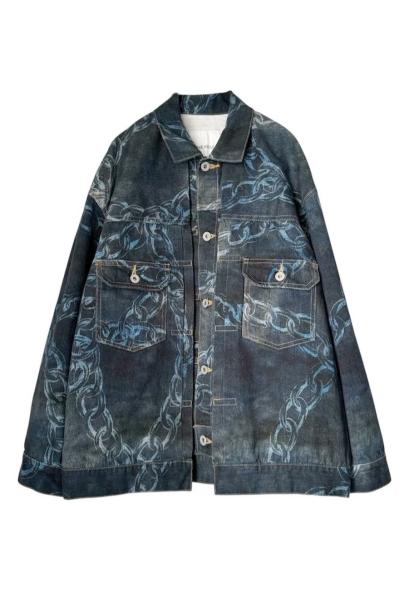 CHAIN PRINT CAPE SLEEVE DENIM JACKET [DARK INDIGO]