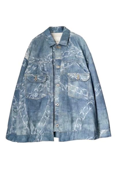 CHAIN PRINT CAPE SLEEVE DENIM JACKET[LIGHT INDIGO]