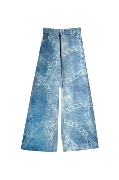 CHAIN PRINT BELTED DENIM BARREL JEANS[LIGHT INDIGO