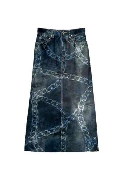 CHAIN PRINT BACK PEPLUM DENIM SKIRT [DARK INDIGO]