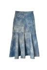 CHAIN PRINT BACK PEPLUM DENIM SKIRT [LIGHT INDIGO]