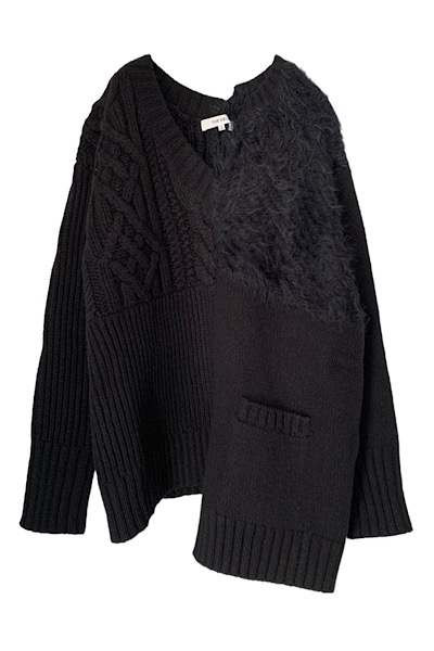 PATCHWORK KNIT ASYMMETRIC SWEATER[BLACK]