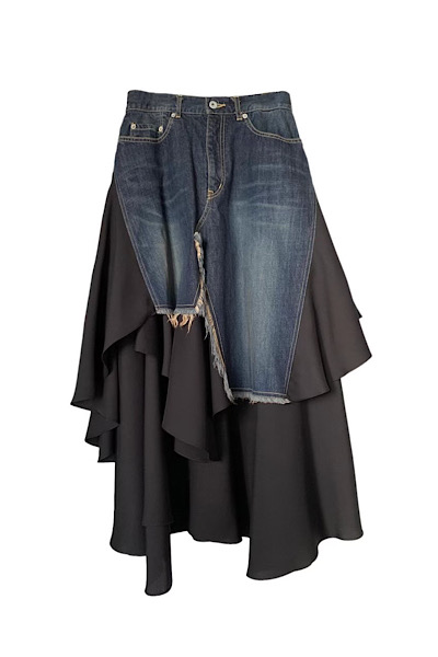 DENIM TIERED RUFFLE SKIRT[BLACKDARK INDIGO]
