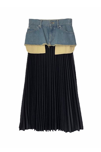 DETACHABLE DENIM PANEL PLEATED SKIRT[BLACKINDIGO]