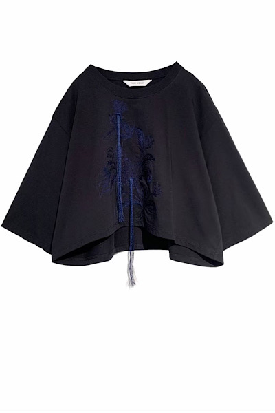 BOTANICAL EMBROIDERY CROPPED T-SHIRT[BLACKNAVY]