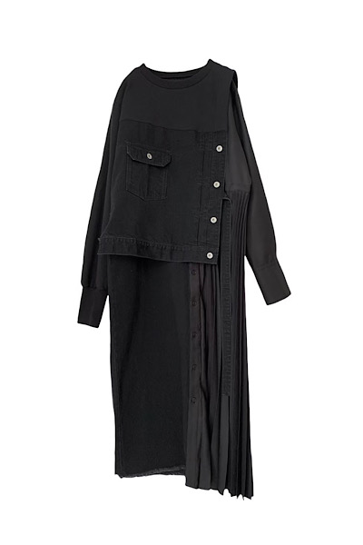 HYBRID DENIM ASYMMETRIC PLEATED DRESS[BLACKBLACK]