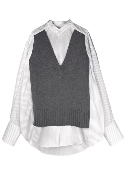 HYBRID V-NECK KNIT SHIRT [WHITE STRIPEGREY]