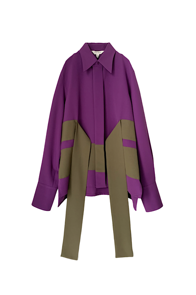 COLOURBLOCK SASH BELT SHIRT[PURPLEKHAKI GREEN]