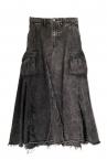 ACID WASH DENIM CARGO FLARED SKIRT [BLACK]